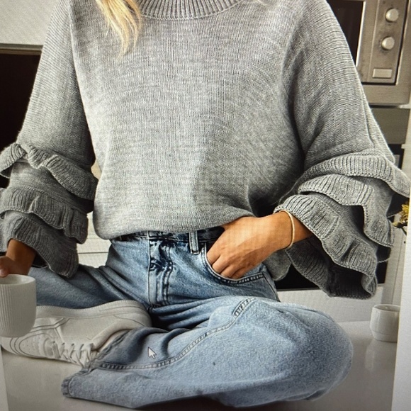 Ruffle Sleeves Round Neck Sweater Color: Grey) - Picture 4 of 5